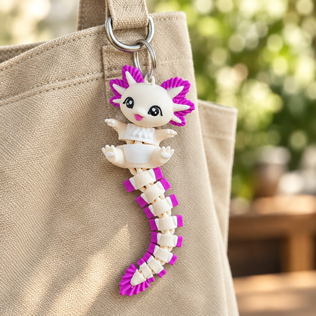 Axolotl-sleutelhanger aan een beige canvas tas