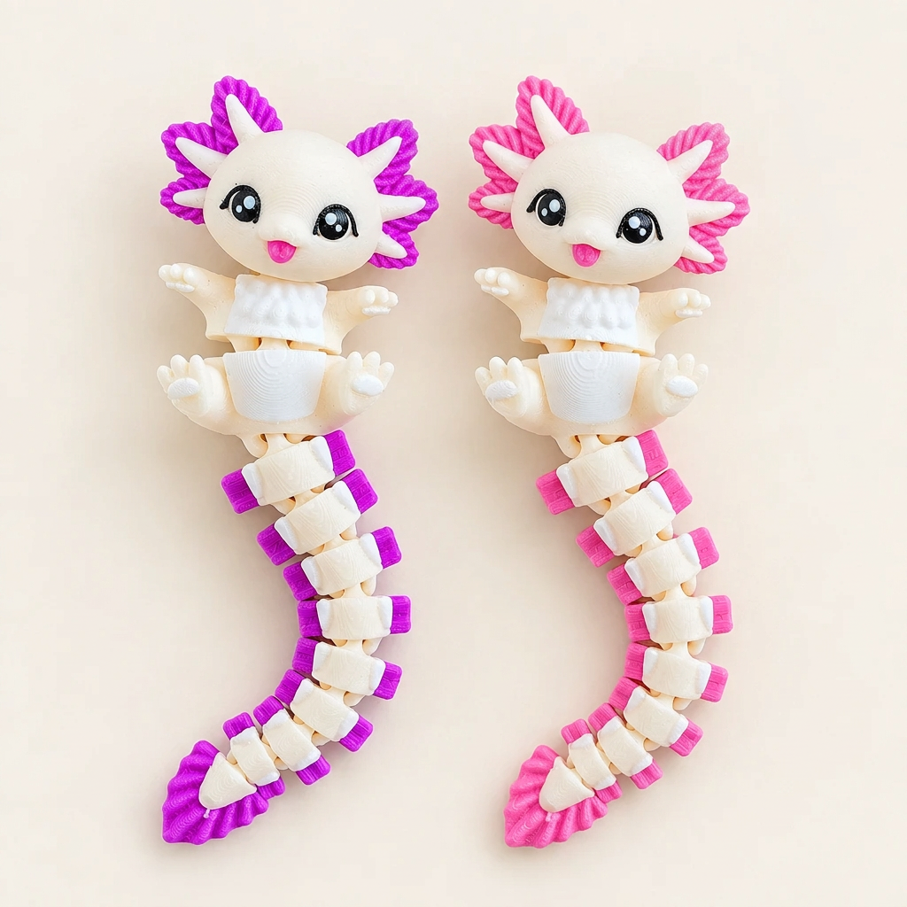 Beide axolotl toys samen op lichte achtergrond