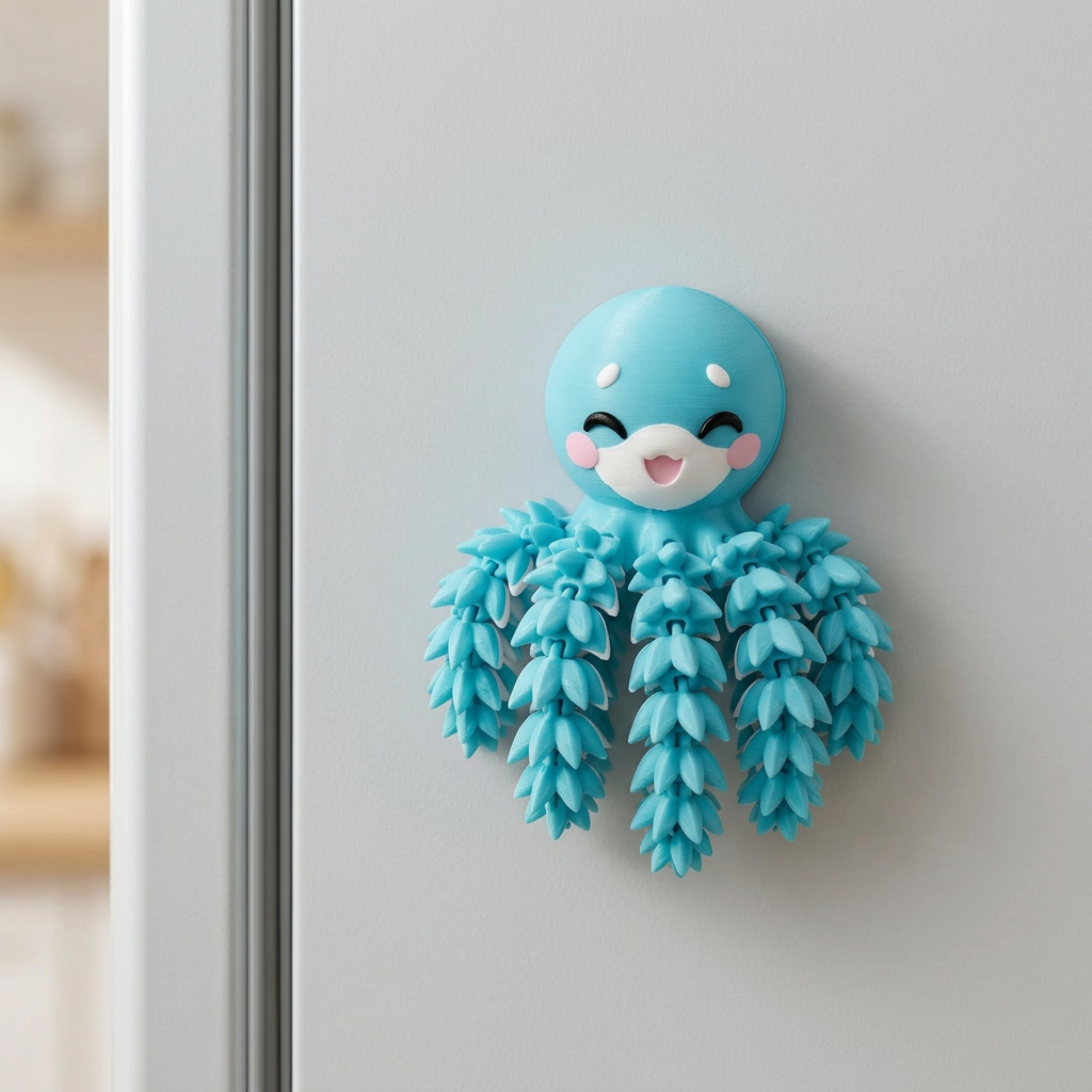 Blauwe octopus als magneet op een koelkast