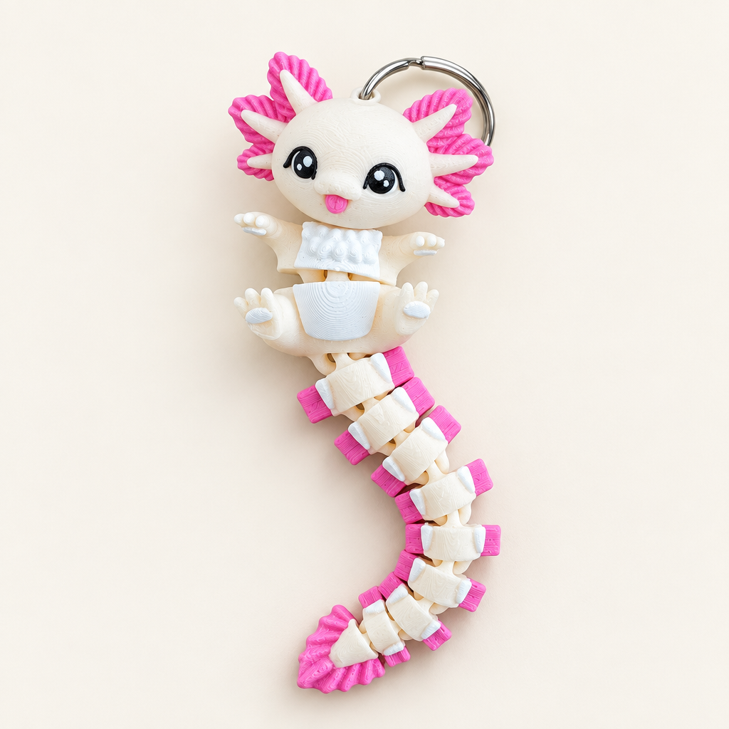 Coverfoto van de wit-roze axolotl-sleutelhanger