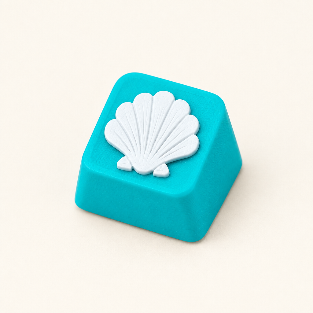 Coverfoto van één blauwe keycap met witte schelp