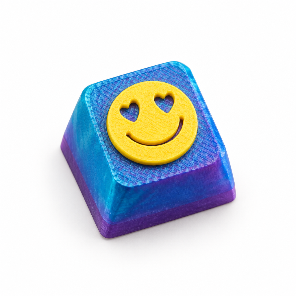 Enkele paars-blauwe smiley-keycap op een witte achtergrond
