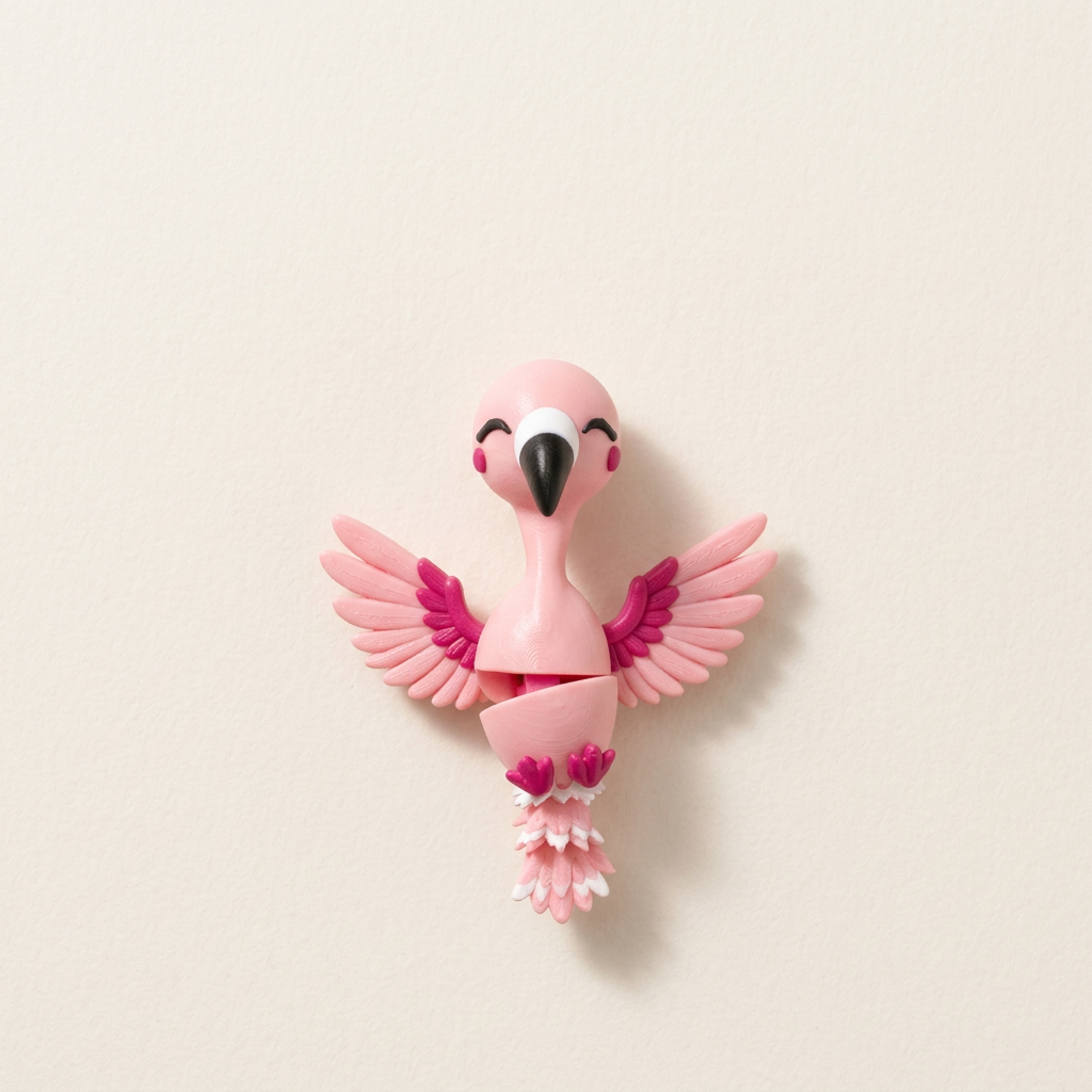 Flamingo toy met roze vleugels op lichte achtergrond