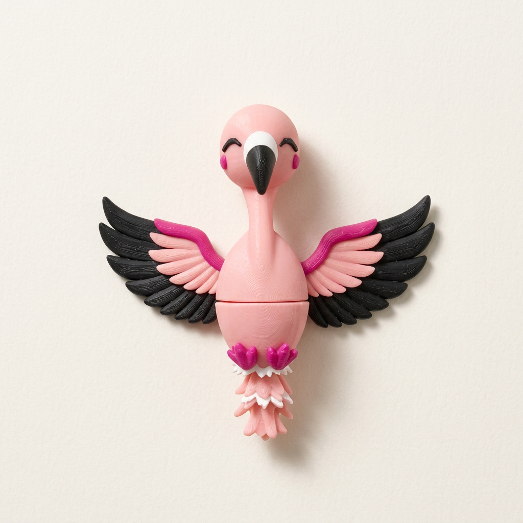 Flamingo toy met zwarte vleugels op lichte achtergrond