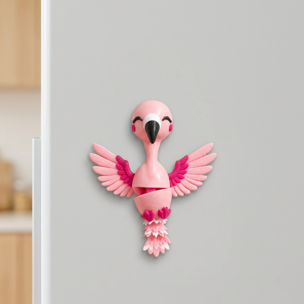 Flamingomagneet met roze vleugels op koelkast