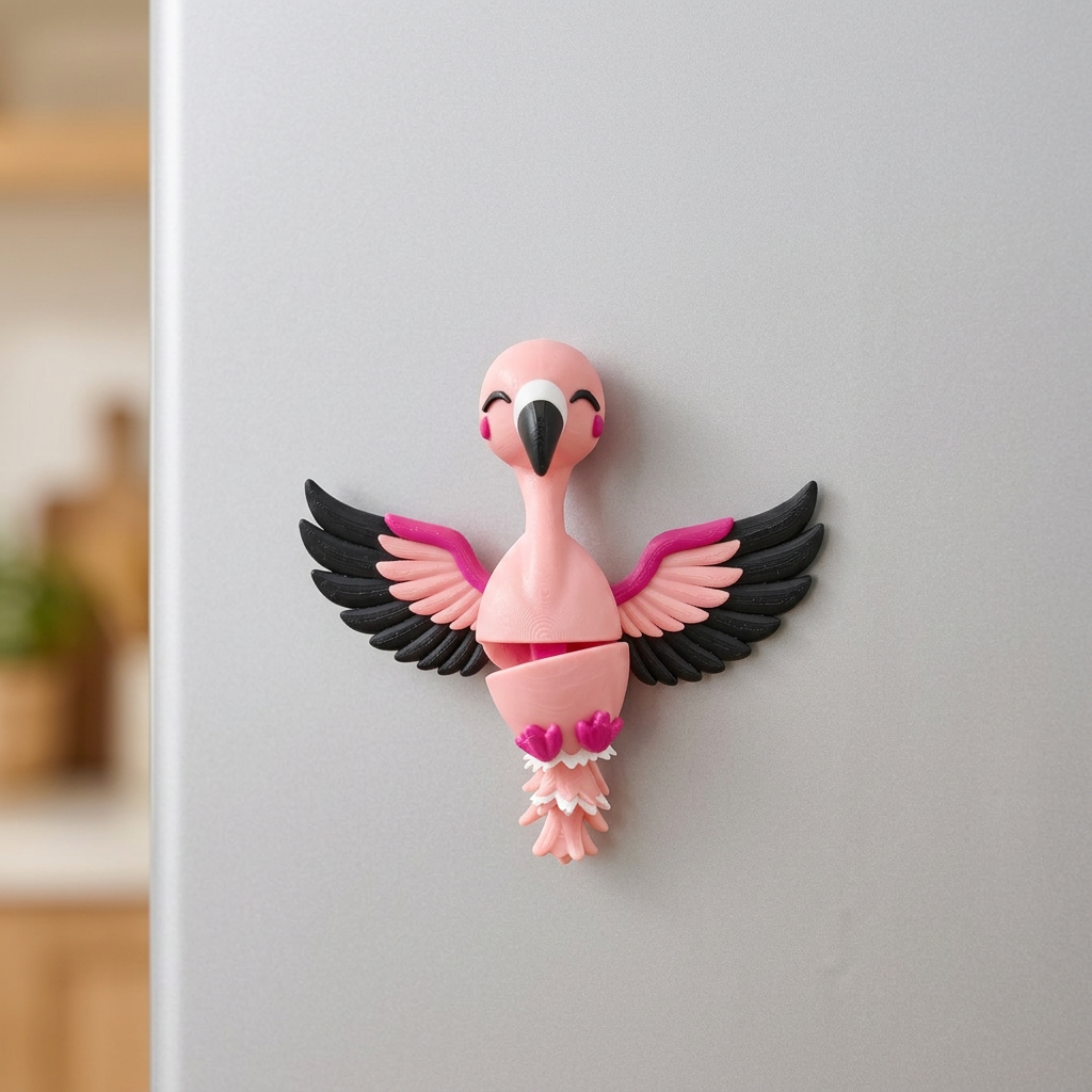 Flamingomagneet met zwarte vleugels op koelkast