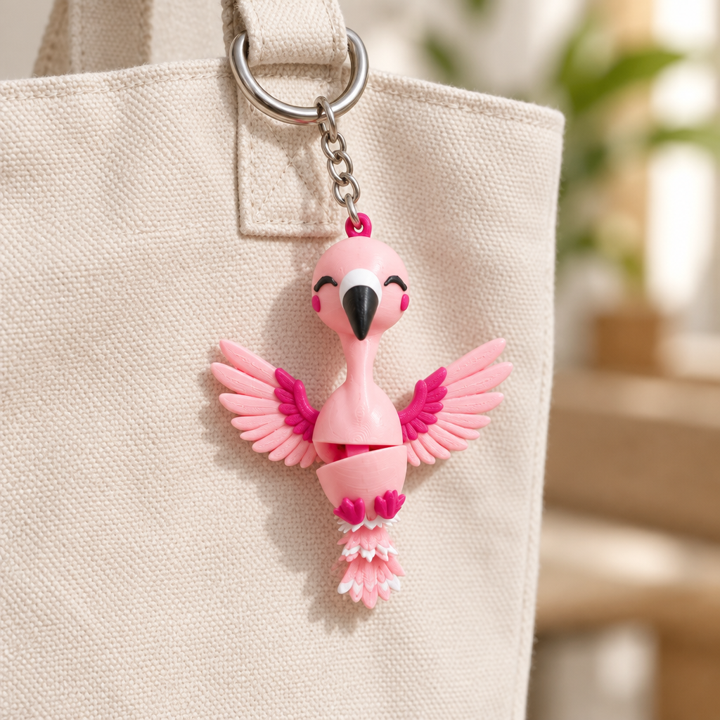 Flamingosleutelhanger met lichtroze en donkerroze vleugels aan een tas