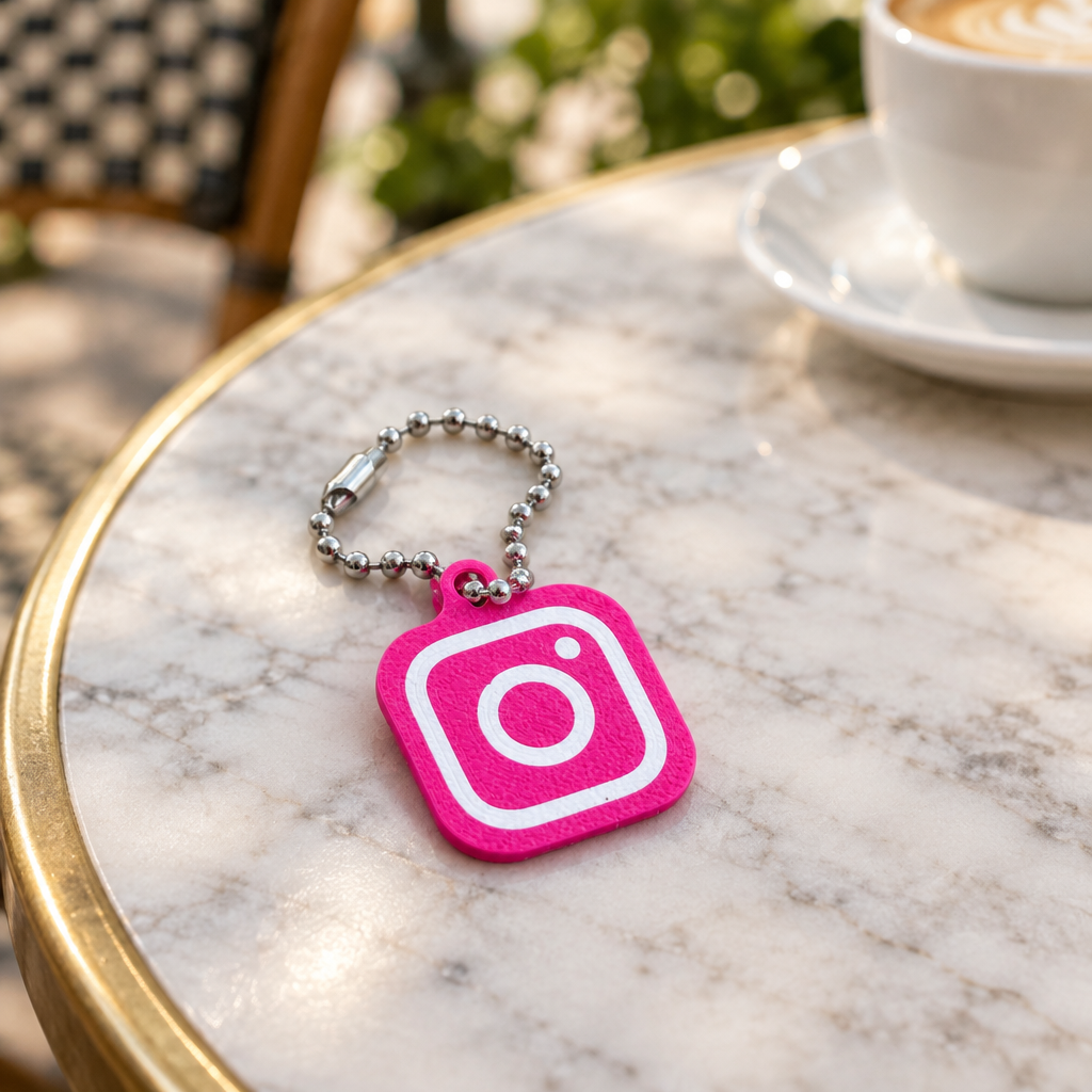 Instagram-sleutelhanger op een bistrotafel