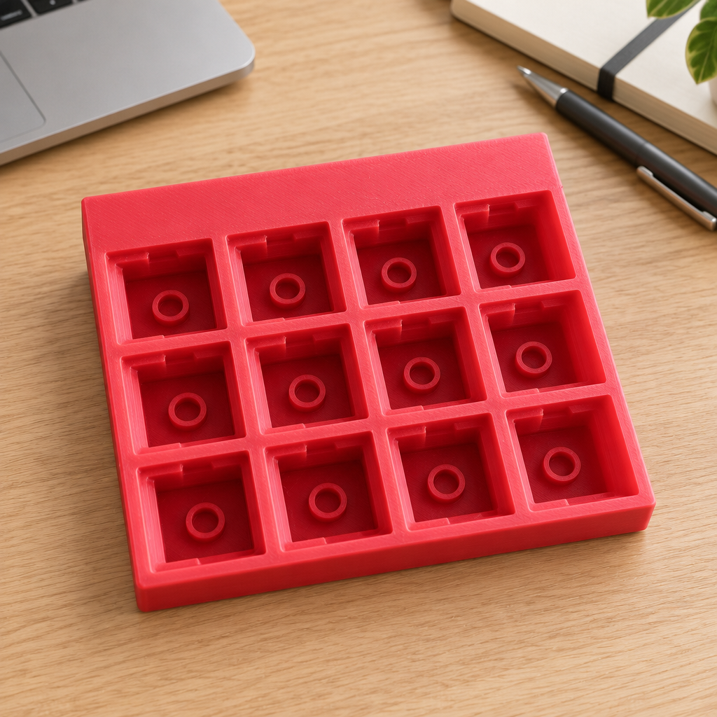 Kersenrode clicker-base op een bureau
