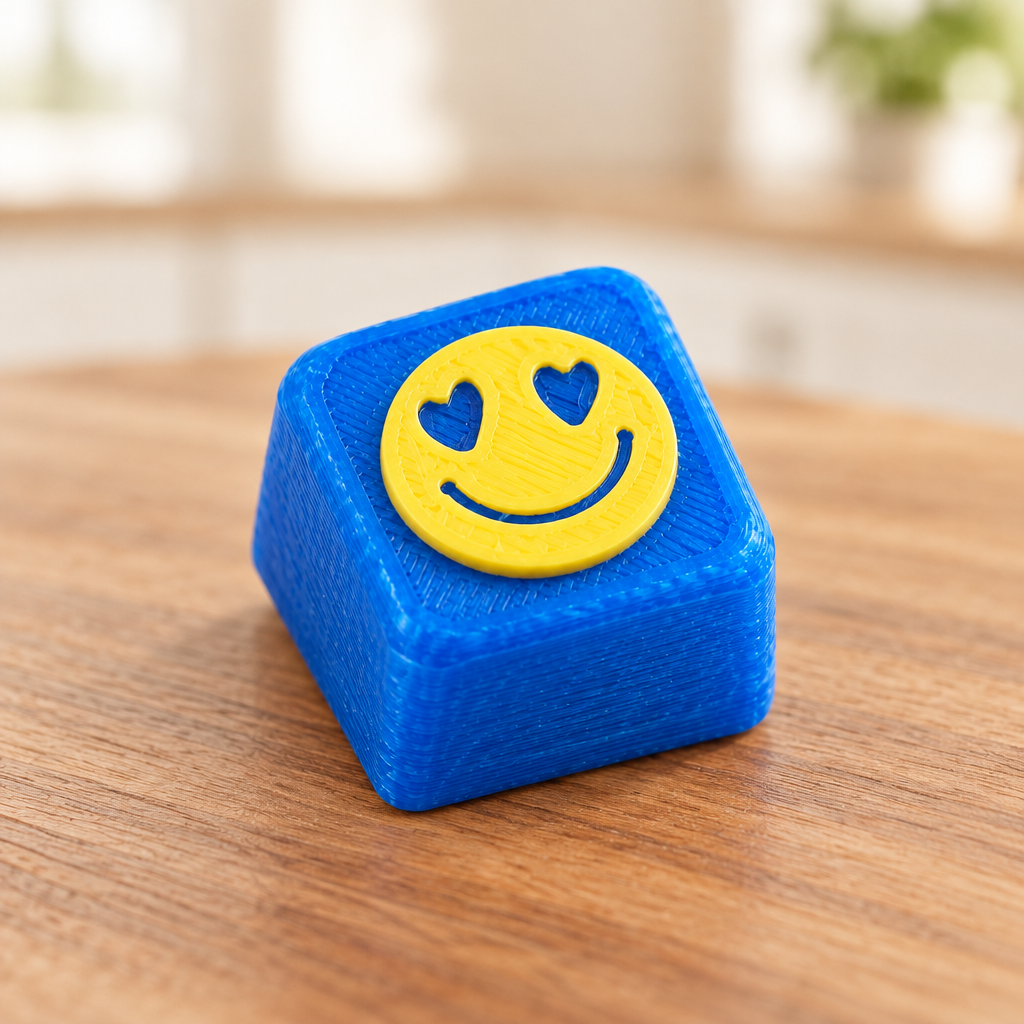 Losse blauwe smiley-keycap op een houten keukenblad met een rustige lichte achtergrond