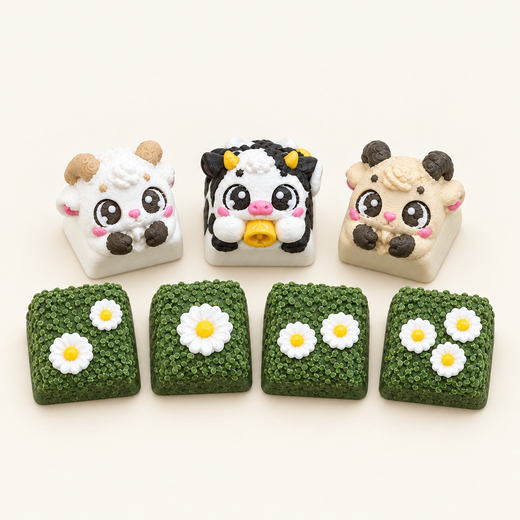 Voorbeelden van PuffyPuff-keycaps met figuurtjes en bloemendetails.