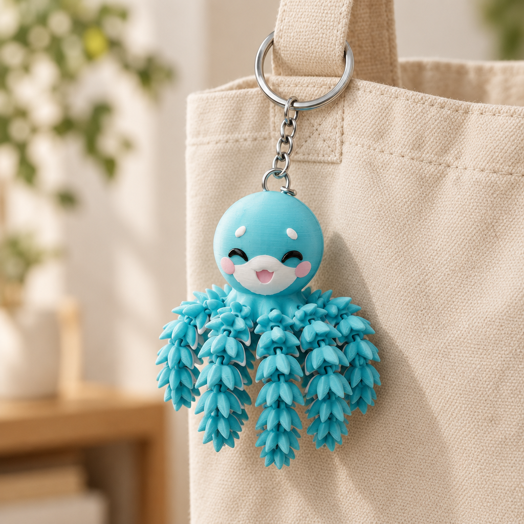 Octopussleutelhanger aan een tas