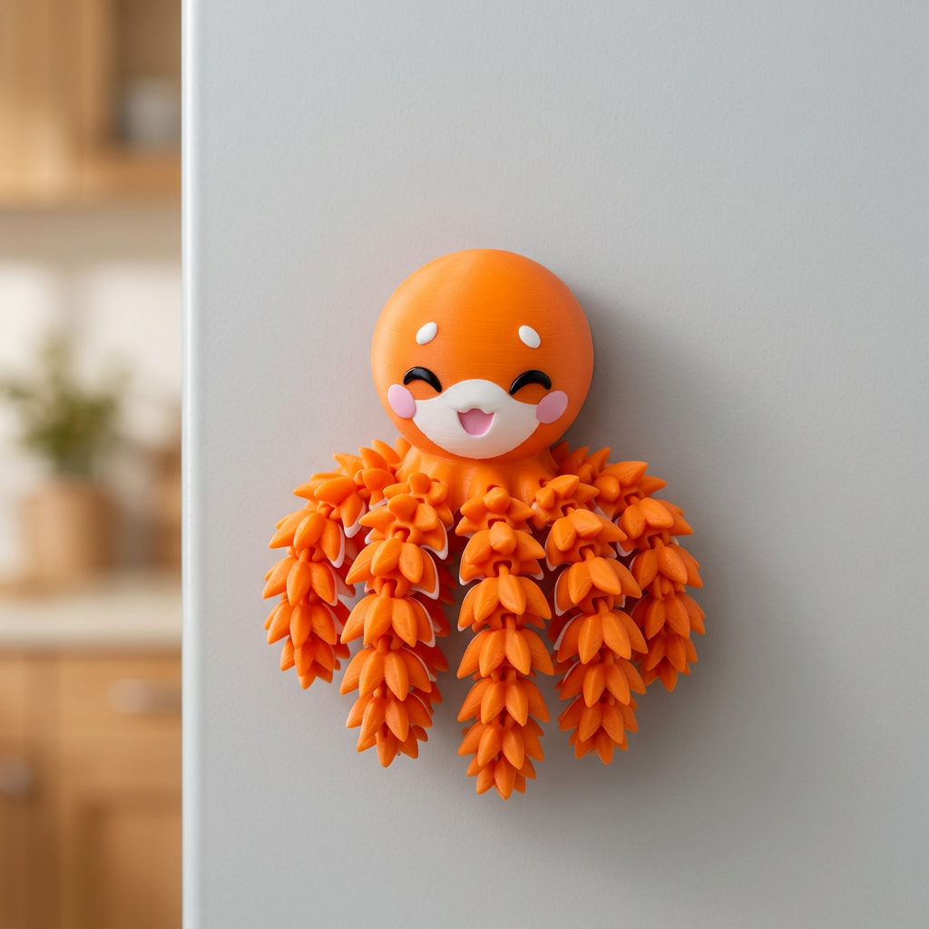 Oranje octopus als magneet op een koelkast