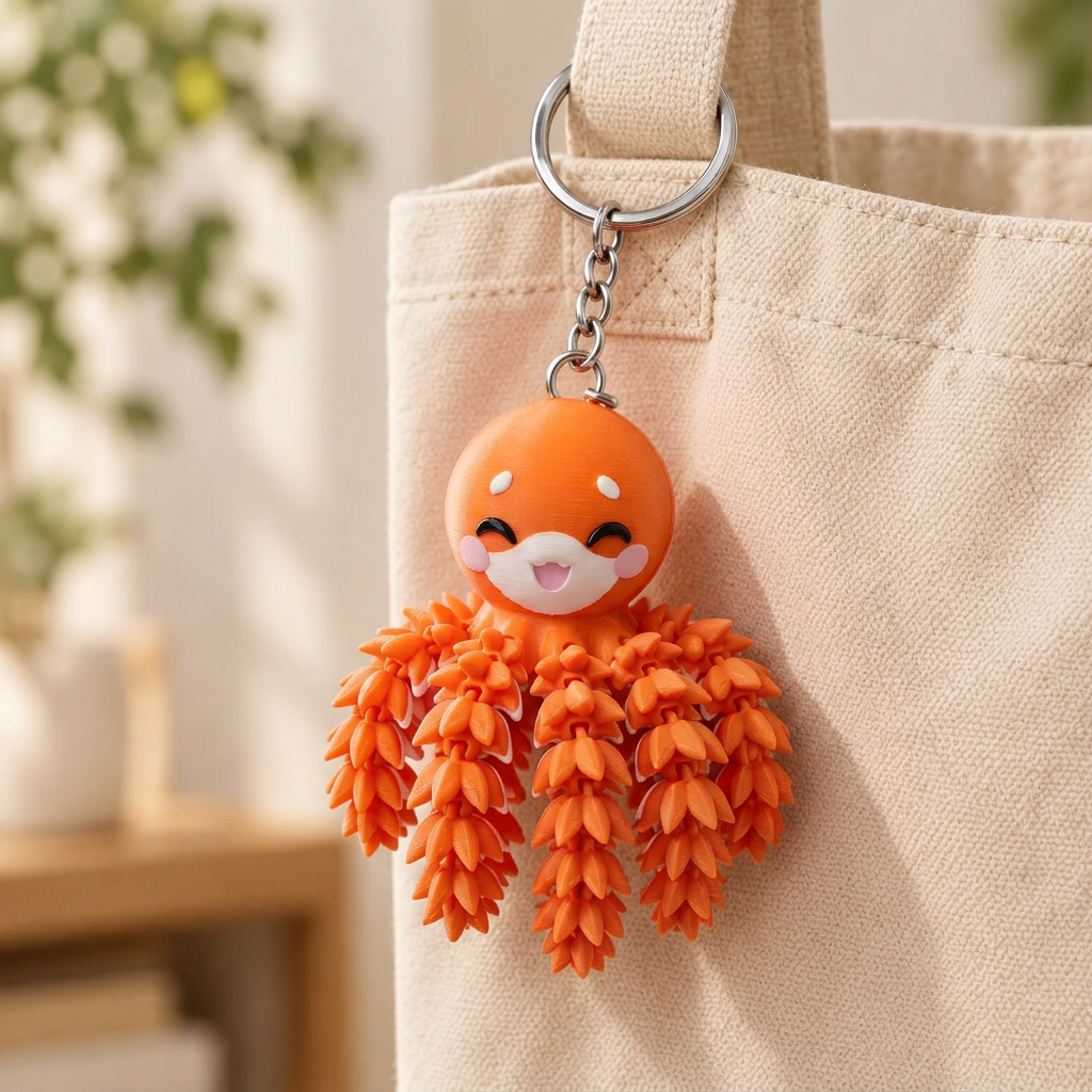 Oranje octopus als sleutelhanger aan een naturel tas