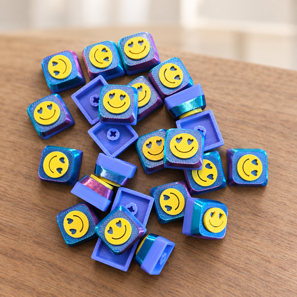 Paars-blauwe stapel keycaps op een houten keukenblad
