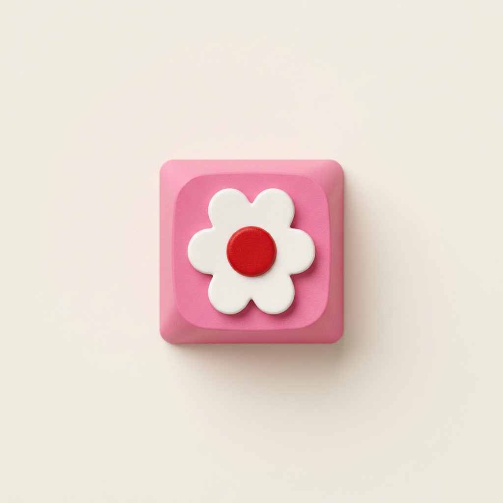 Productafbeelding van de roze keycap met witte bloem en rood hart op een warm gebroken witte achtergrond