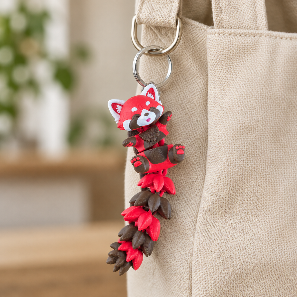 Rode panda sleutelhanger aan een beige tas