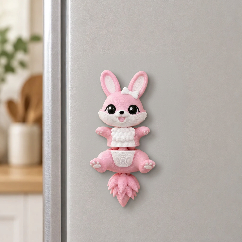 Roze konijn als magneet op een koelkast