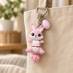 Roze konijn-sleutelhanger aan een beige tas
