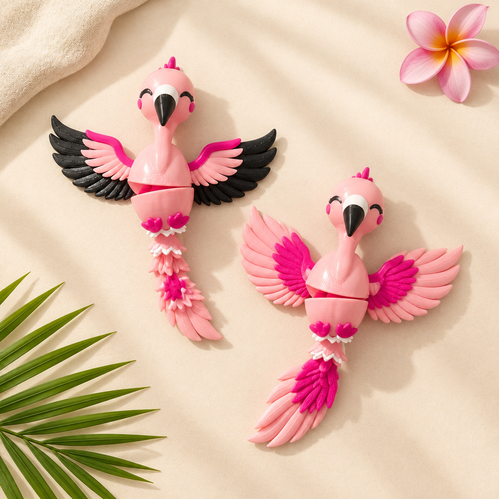 Sfeerfoto met de flamingo toys met zwarte en donkerroze vleugels samen