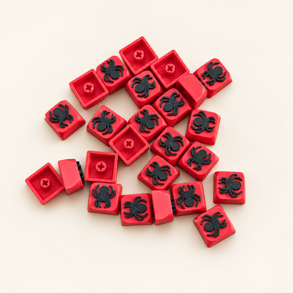 Stapel keycaps op een warm gebroken witte achtergrond