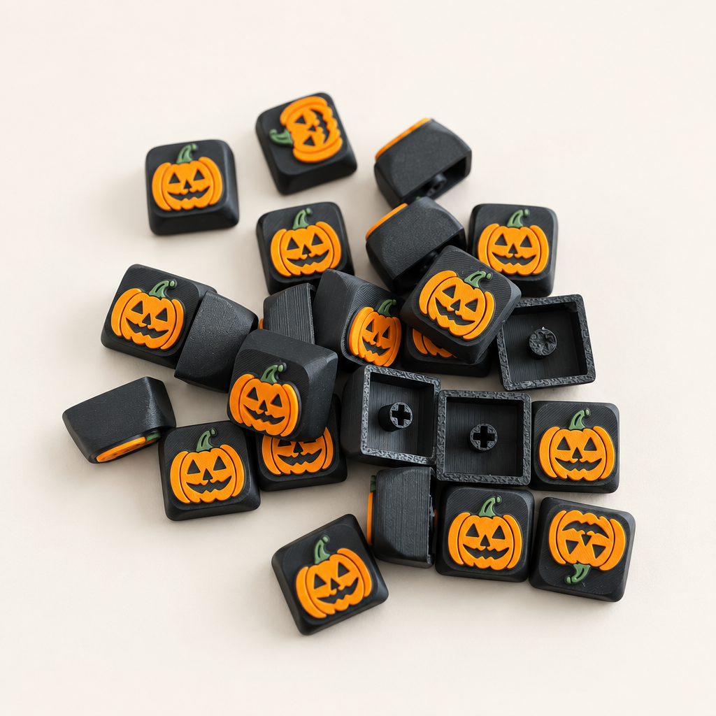 Stapel pompoen-keycaps op een warm gebroken witte achtergrond