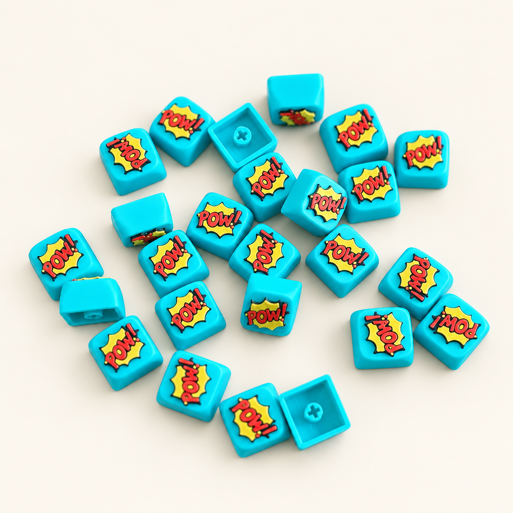 Stapel Pow-keycaps op een warm gebroken witte achtergrond