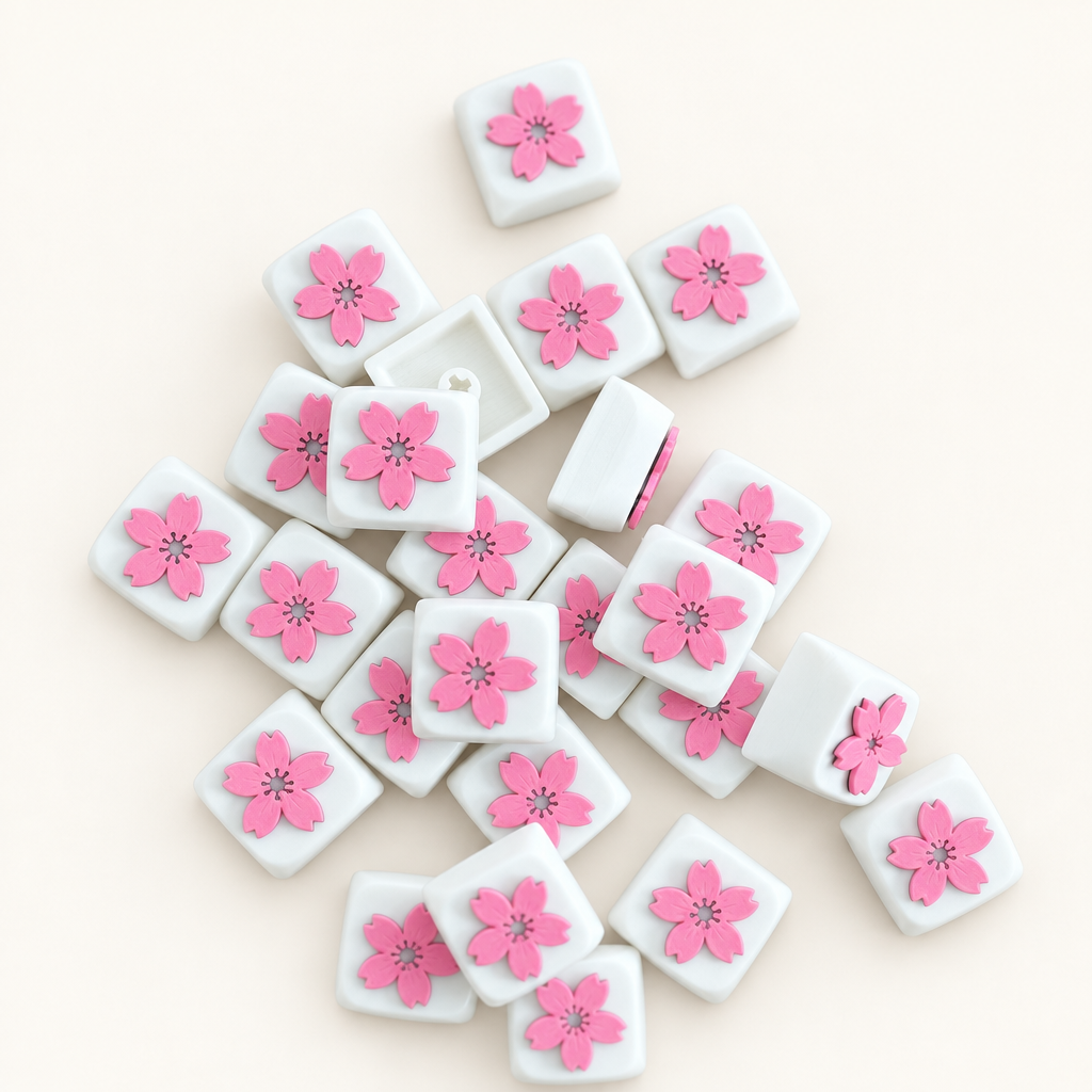 Stapel Sakura-keycaps met een warm gebroken witte achtergrond