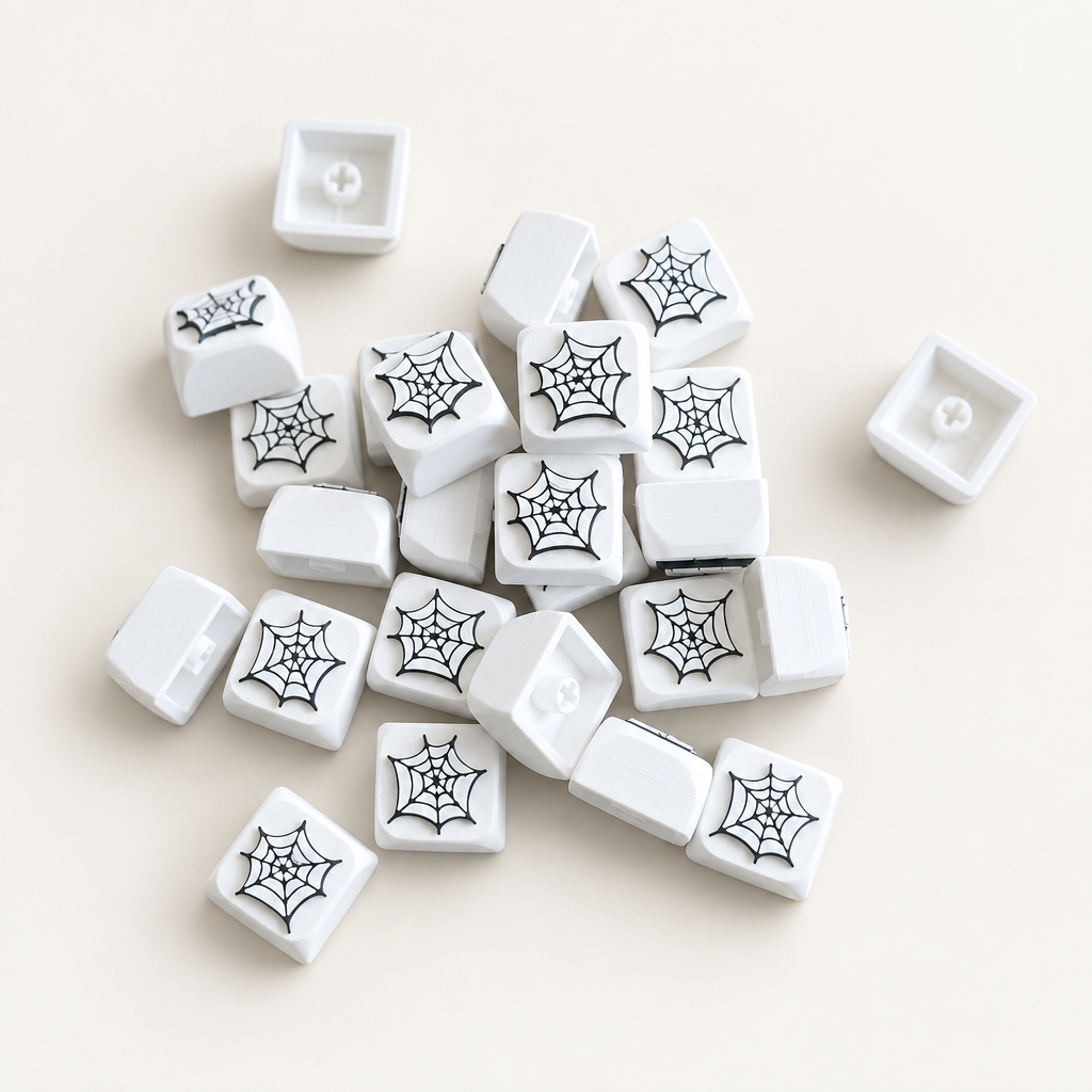 Stapel spinnenweb-keycaps op warm gebroken witte achtergrond