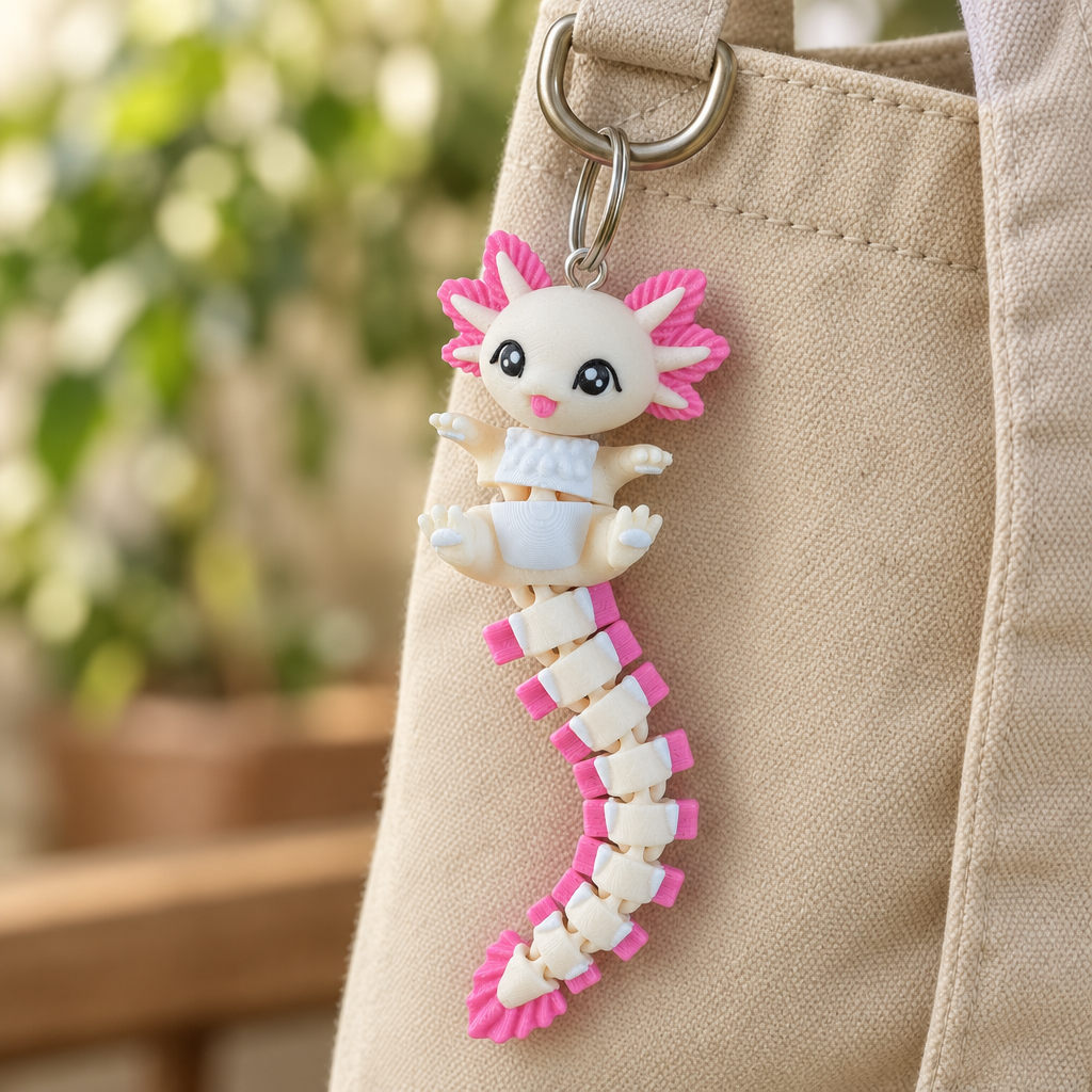 Wit-roze axolotl-sleutelhanger aan een tas