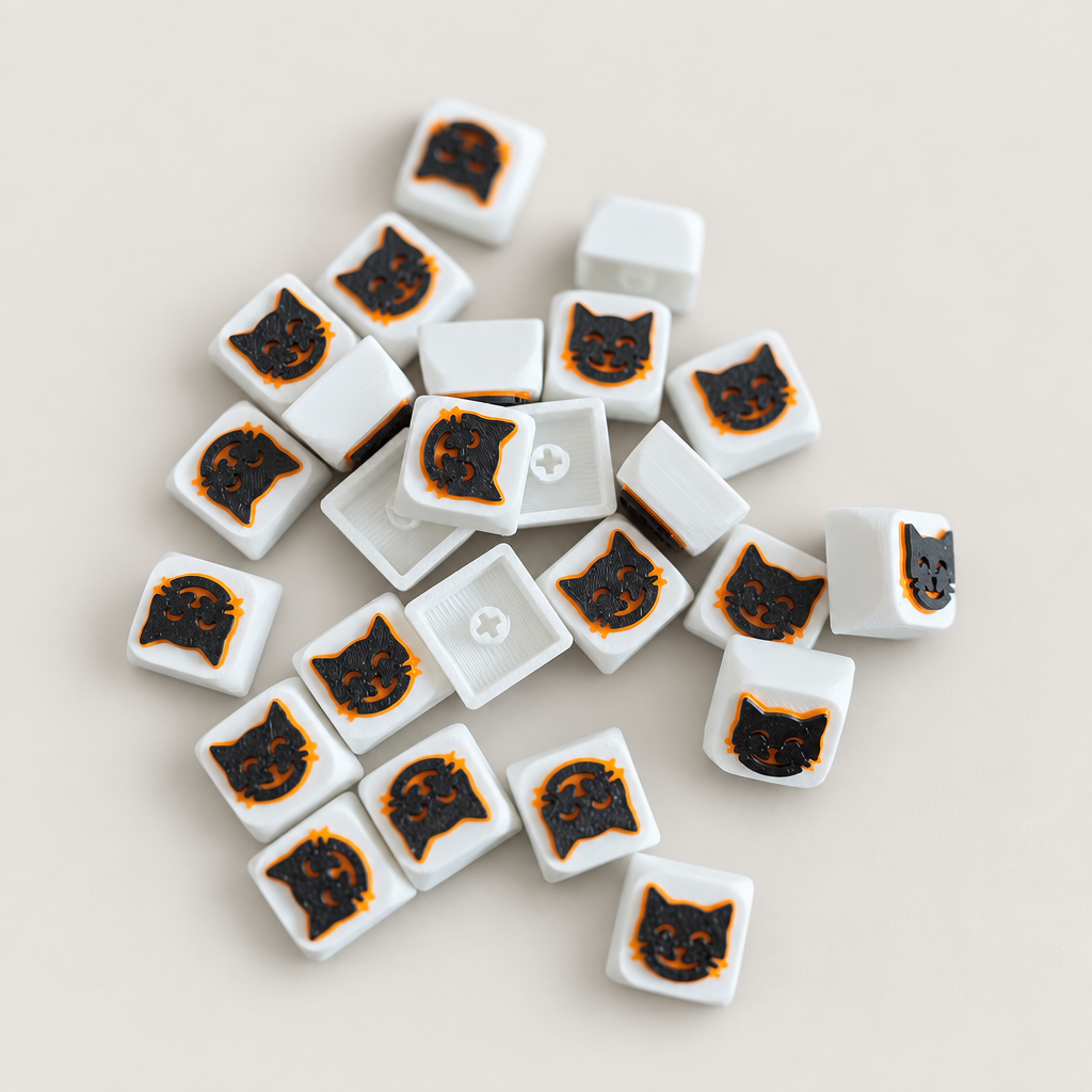 Witte kat-keycaps met een zachte warmgrijze achtergrond