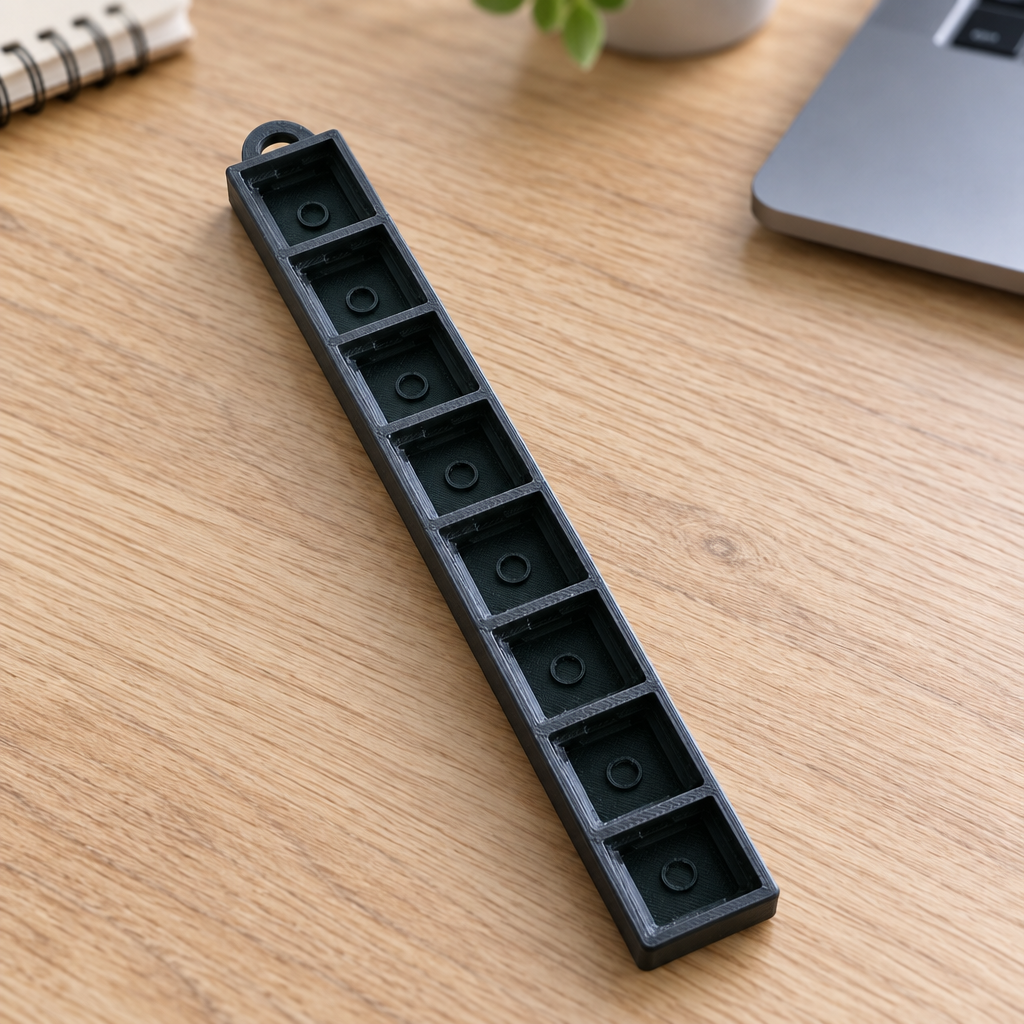 Zwarte clickerbase met acht vakjes op een bureau
